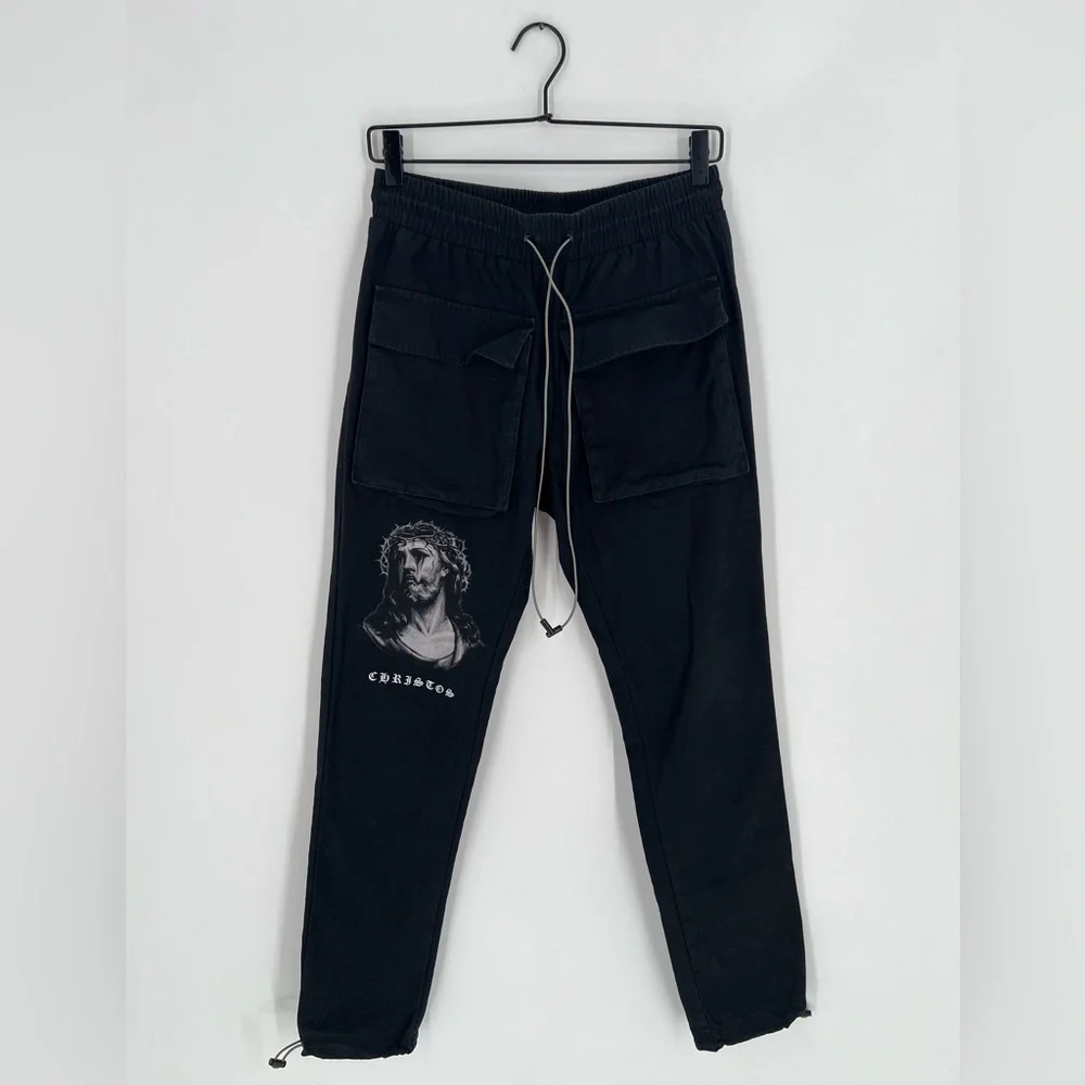 Christos New York Jesus Print Cargo Drawstring Black Jogger Trouser Pants